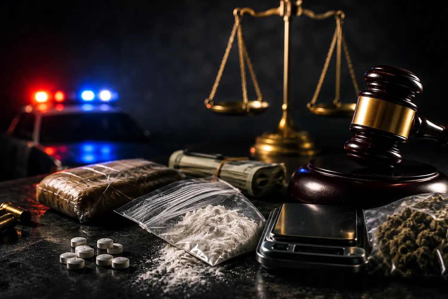 Droga incautada, dinero y báscula junto al mazo del juez y la balanza de la justicia, sobre el tráfico de drogas y su pena mínima